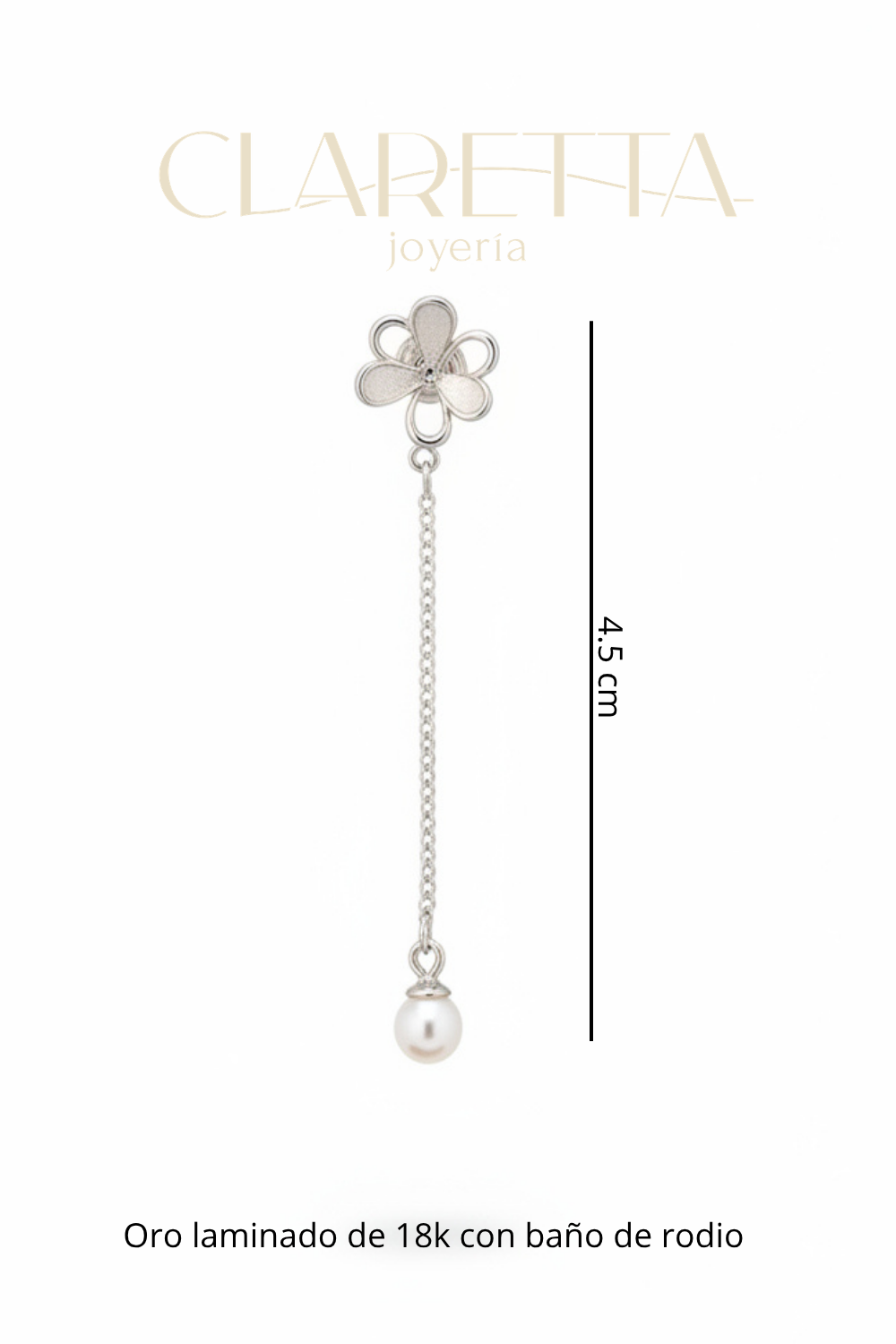 Arete de Oro laminado 18k con baño de rodio flor con perla colgante