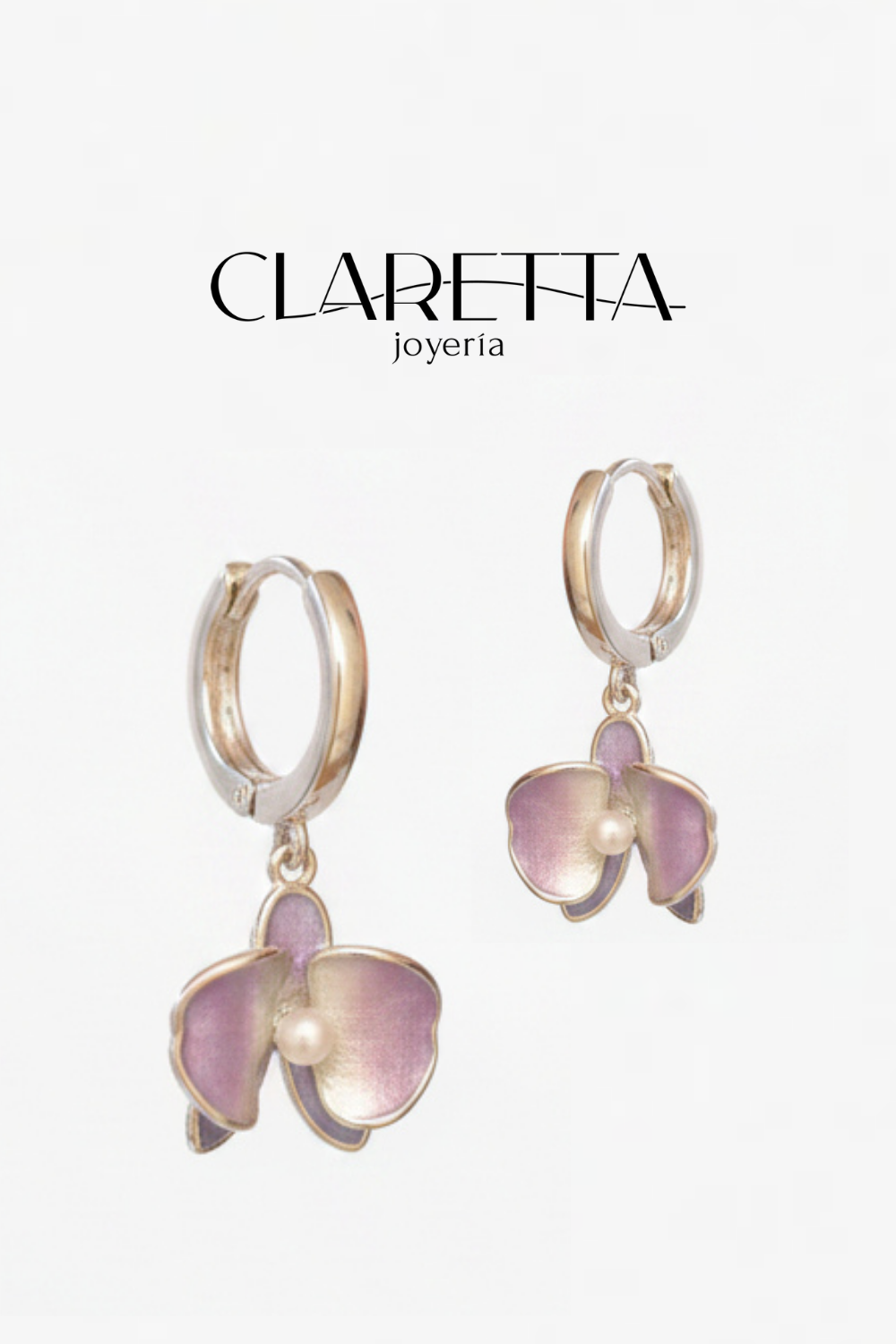 Arracadas de Oro laminado 18k con baño de rodio flor púrpura con perla al centro